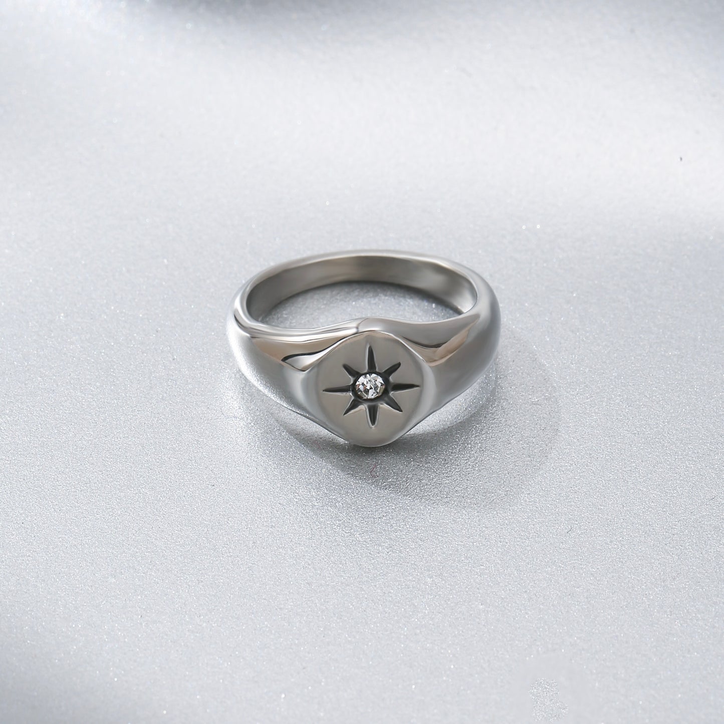LNCHRAN Stainless Steel North Star Signet Ring with Synthetic Zircon Inlay