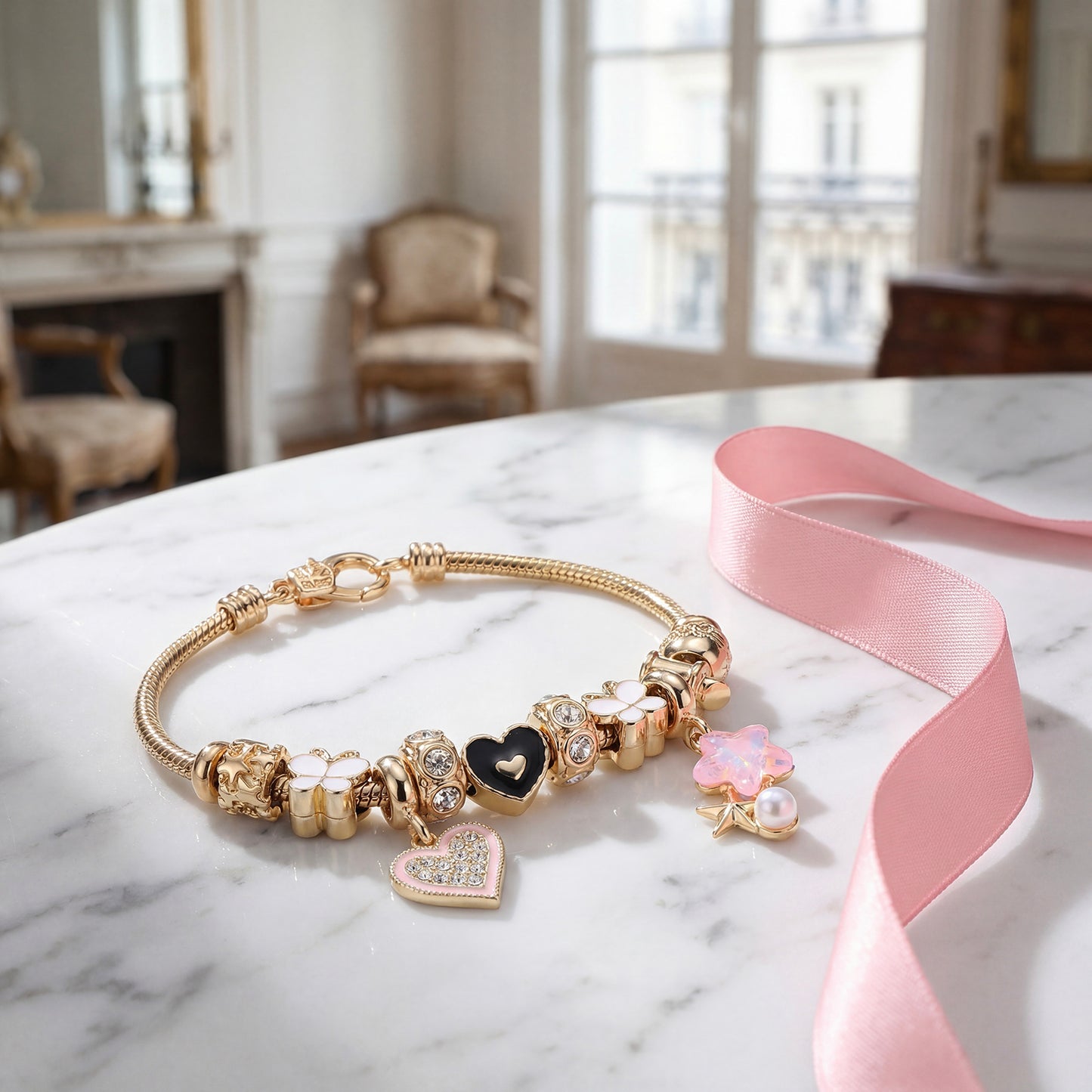 LNCHRAN Golden Plated Charm Bracelet with Heart Clover & Pink Star Synthetic Zircon