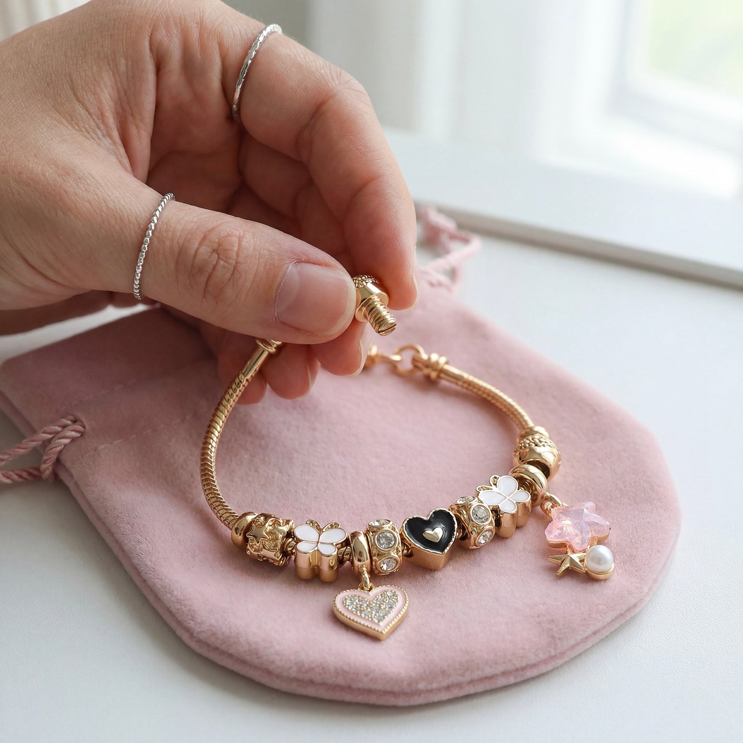 LNCHRAN Golden Plated Charm Bracelet with Heart Clover & Pink Star Synthetic Zircon