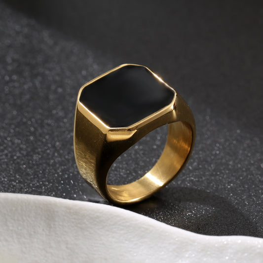 LNCHRAN Golden Plated Unisex Signet Ring with Black Enamel Inlay Minimalist Daily Jewelry