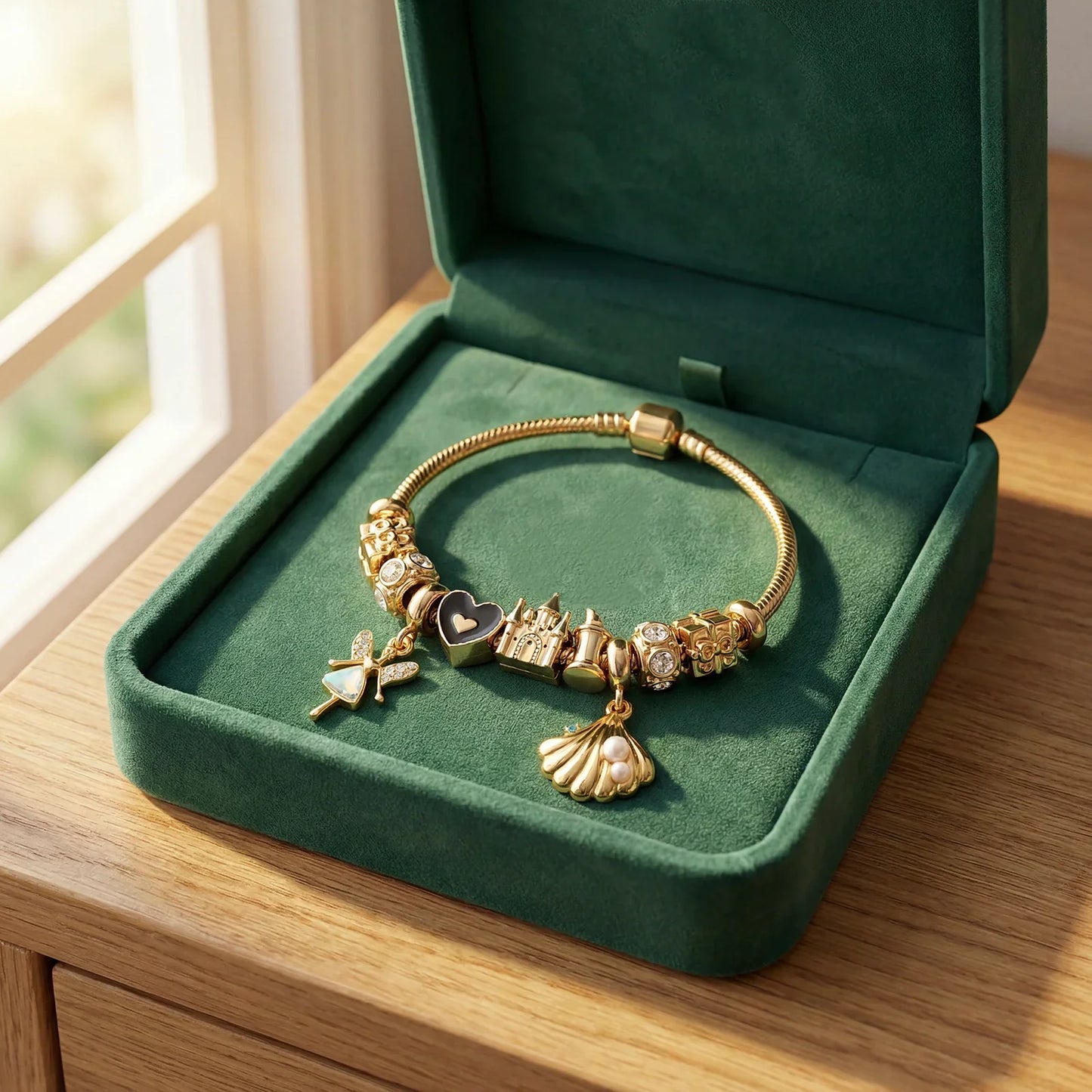 Gold charm bracelet with heart, shell, and fairy pendants in a green velvet jewelry box
