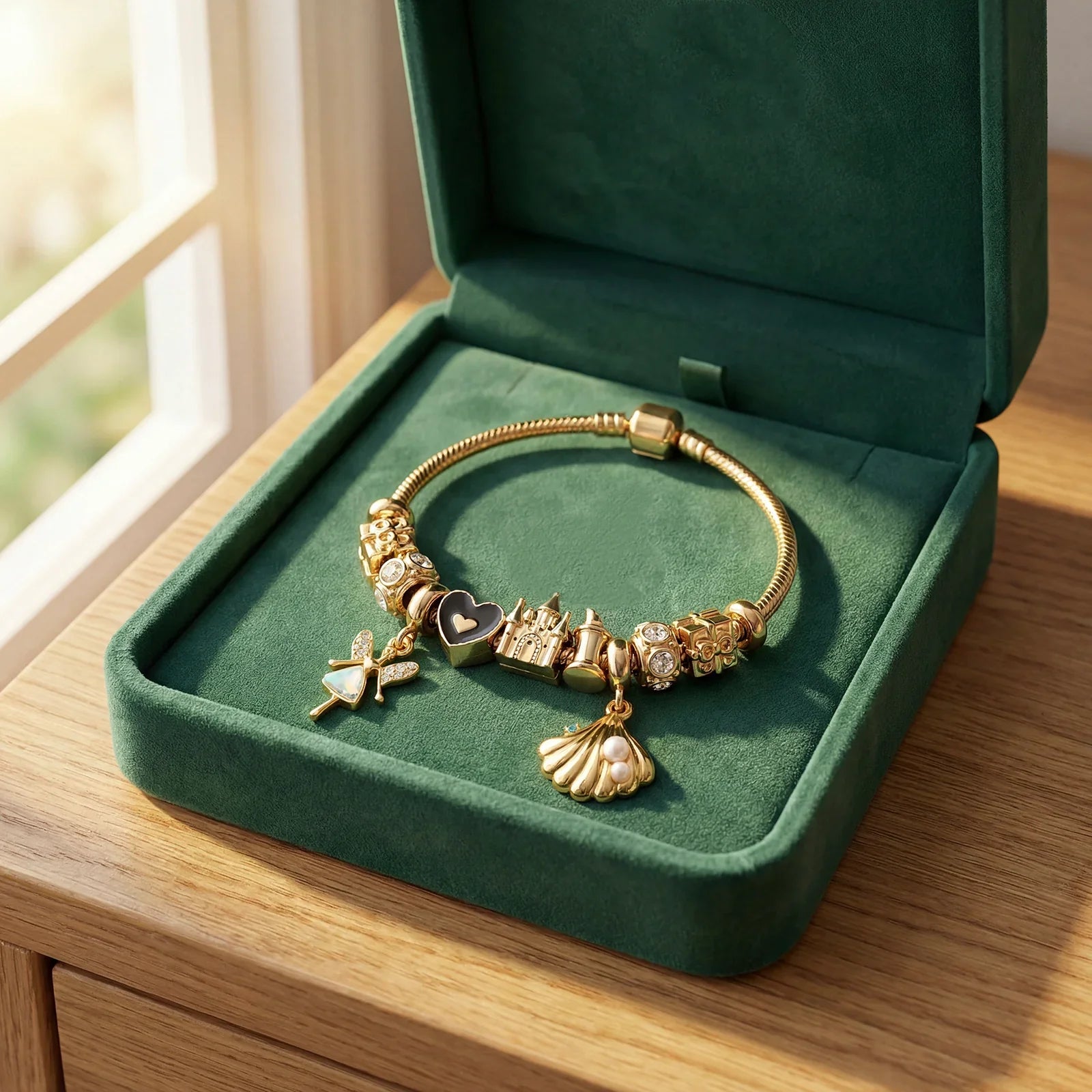 Gold charm bracelet with heart, shell, and fairy pendants in a green velvet jewelry box