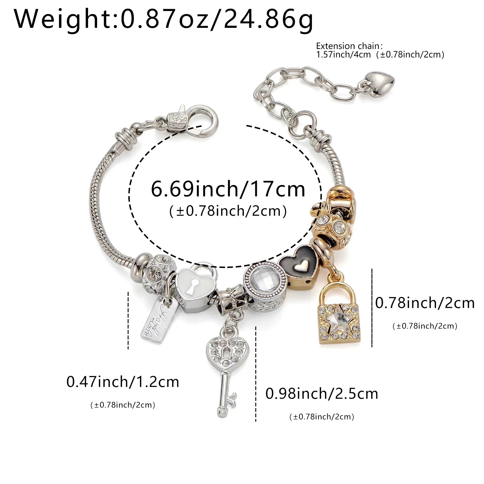 Silver and gold charm bracelet with heart, lock, and key charms, labeled measurements.