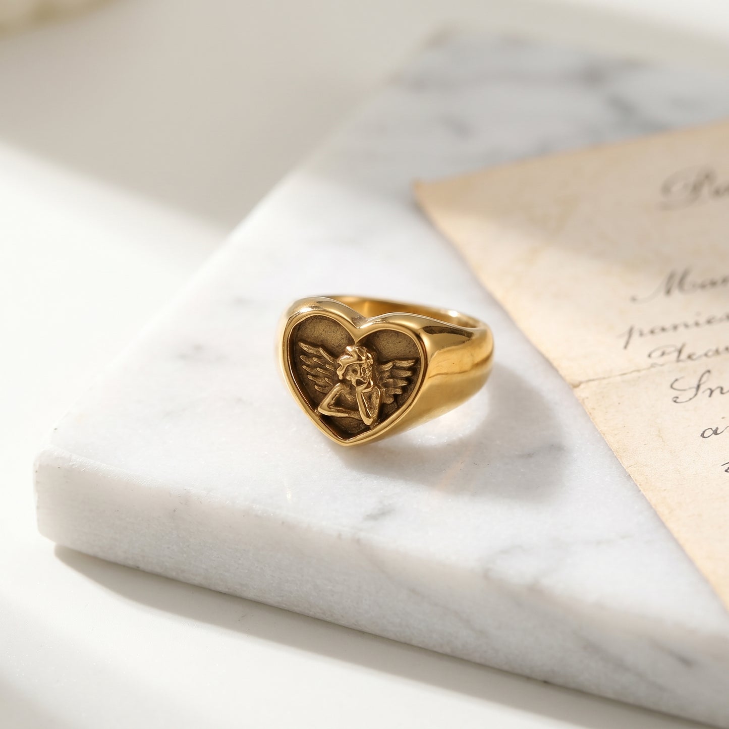 LNCHRAN Golden Plated Angel Heart Signet Ring Unisex Vintage Statement Jewelry