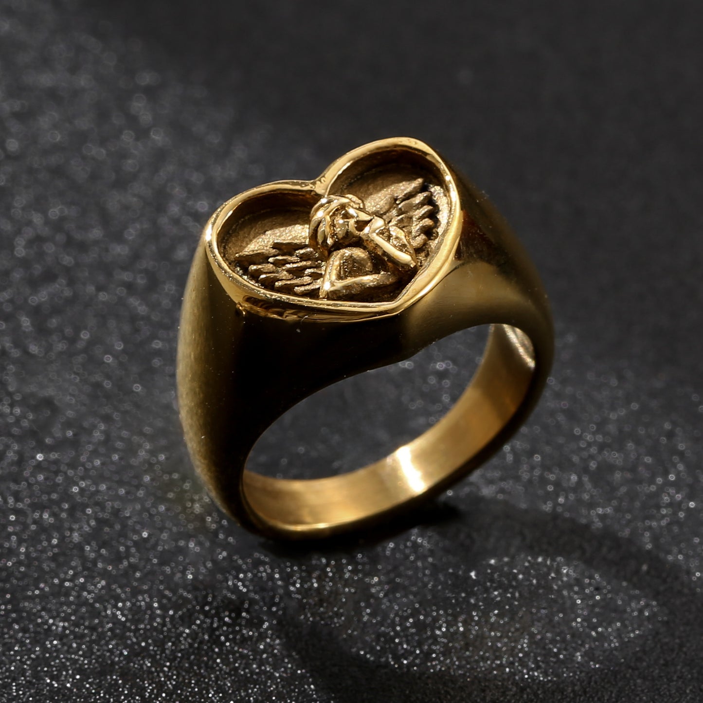 LNCHRAN Golden Plated Angel Heart Signet Ring Unisex Vintage Statement Jewelry